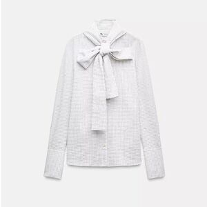 Zara Cotton Linen White Grid Tie-Neck Button-Down Blouse